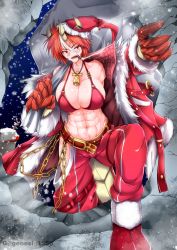 Rule 34 | 1girl, abs, absurdres, artist name, bare shoulders, bell, belt, bikini, breasts, carrying over shoulder, chain, claws, cleavage, coat, collarbone, commentary request, dein (g (genesis1556)), dragon girl, dragon horns, dragon tail, fur-trimmed coat, fur-trimmed footwear, fur trim, g (genesis1556), gold chain, hair between eyes, hat, highres, hip vent, holding, holding sack, hole in wall, horns, horns through headwear, large breasts, long sleeves, looking at viewer, monster girl, multicolored hair, muscular, muscular female, navel, neck bell, night, off shoulder, open clothes, open coat, original, pants, red belt, red bikini, red eyes, red footwear, red hair, red headwear, red pants, sack, santa hat, scar, scar across eye, scar on arm, scar on chest, scar on face, scar on stomach, shark, sharp teeth, short hair, sidelocks, smoking, snow, snowing, solo focus, standing, stomach, streaked hair, swimsuit, tail, teeth, two-tone hair, white hair