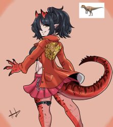 Rule 34 | 1girl, a.c. hunter, allosaurus, artist name, belt, black hair, black shirt, breasts, chain, claws, dinosaur, dinosaur girl, dinosaur tail, earrings, full body, hair between eyes, highres, horns, jacket, jewelry, lion, long sleeves, looking at viewer, looking back, midriff, original, pocket, ponytail, red jacket, shirt, short hair, signature, simple background, skirt, smile, solo, standing, tail, yellow eyes