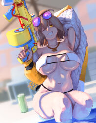 Rule 34 | 1girl, ;d, absurdres, anis (nikke), anis (sparkling summer) (nikke), arm behind head, aviator sunglasses, backlighting, bikini, breasts, brown eyes, brown hair, can, commentary, down jacket, drink can, dudeunderscore, english commentary, eyepatch bikini, eyewear on head, finger on trigger, goddess of victory: nikke, grin, gun, highres, holding, holding gun, holding weapon, jacket, jewelry, large breasts, legs together, navel, necklace, one eye closed, open mouth, poolside, purple-tinted eyewear, short hair, sitting, smile, soaking feet, soda can, solo, star (symbol), star necklace, sunglasses, swimsuit, thick thighs, thighs, tinted eyewear, underboob, water gun, weapon, white bikini, yellow jacket