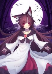 Rule 34 | 1girl, animal ears, bamboo, breasts, brooch, brown hair, collarbone, dress, fang, fingernails, full moon, highres, imaizumi kagerou, jewelry, long fingernails, long hair, long sleeves, looking at viewer, medium breasts, moon, mountain, nail polish, night, outdoors, red eyes, red nails, solo, touhou, wide sleeves, wolf ears, zeolch