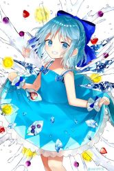 Rule 34 | 1girl, artist name, bare shoulders, blue bow, blue dress, blue eyes, blue hair, blush, bow, breasts, cirno, commentary request, dress, feet out of frame, food, fruit, grapes, grin, hair bow, ice, ice wings, lemon, lemon slice, looking at viewer, sakizaki saki-p, short hair, simple background, small breasts, smile, solo, standing, strawberry, touhou, white background, wings