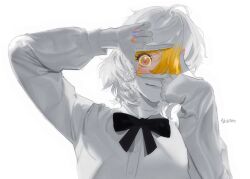 Rule 34 | 1girl, black bow, black bowtie, blonde hair, bow, bowtie, closed mouth, don quixote (project moon), finger frame, greyscale, limbus company, long sleeves, looking at viewer, monochrome, multicolored nails, patchfire, project moon, shirt, short hair, simple background, smile, solo, sparkle, spot color, upper body, white background, white shirt, yellow eyes