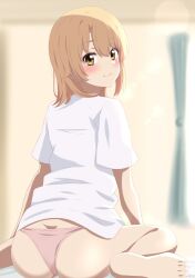 Rule 34 | 1girl, ass, barefoot, blonde hair, blurry, blurry background, blush, butt crack, closed mouth, dars (recolors), feet, from behind, highres, indoors, isshiki iroha, lens flare, looking at viewer, looking back, panties, pink panties, shirt, short hair, sitting, solo, thighs, underwear, wariza, white shirt, yahari ore no seishun lovecome wa machigatteiru., yellow eyes