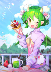 Rule 34 | 1girl, absurdres, blush, cake, cake slice, cup, day, draco centauros, dragon girl, dragon horns, dragon tail, dragon wings, drinking glass, drinking straw, fang, food, green hair, highres, horns, long sleeves, looking at viewer, offbeat, open mouth, outdoors, plate, pointy ears, puyopuyo, short hair, smile, solo, table, tail, wings, yellow eyes