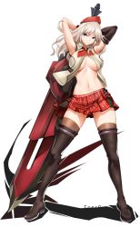 Rule 34 | 10s, 1girl, alisa ilinichina amiella, armpits, arms behind head, black thighhighs, blade, blue eyes, breasts, commission, full body, god eater, hair between eyes, hat, highres, large breasts, legs apart, long hair, looking at viewer, midriff, navel, plaid, plaid skirt, pleated skirt, silver hair, simple background, skirt, solo, sword, thighhighs, tony guisado, underboob, weapon, white background, zettai ryouiki