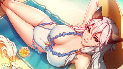 Rule 34 | 10s, 1girl, :d, arm support, arm up, artist name, bare legs, bare shoulders, beach towel, braid, breasts, casual one-piece swimsuit, cleavage, covered navel, cup, day, drinking glass, drinking straw, eyelashes, food, from above, fruit, gradient hair, granblue fantasy, grin, groin, hair between eyes, hand on headwear, hat, heles, heles (summer) (granblue fantasy), large breasts, legs together, long hair, looking at viewer, looking up, lying, multicolored hair, on back, one-piece swimsuit, open mouth, orange (fruit), orange slice, outdoors, parted lips, pink hair, pink lady mage, signature, silver hair, single braid, skin tight, smile, solo, straw hat, swimsuit, thigh gap, thighs, towel, tsurime, very long hair, watermark, web address, white one-piece swimsuit