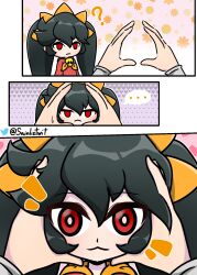 Rule 34 | ..., 1girl, 1other, 3koma, ?, artist name, ashley (warioware), black hair, close-up, closed mouth, comic, dress, frown, hair between eyes, hairband, heart, highres, long hair, looking at viewer, meme, nintendo, orange hairband, pov, pov hands, red dress, red eyes, sainliztwt, sidelocks, smile, snoot challenge, solo focus, speech bubble, spoken ellipsis, sweatdrop, twintails, twitter username, warioware, wide-eyed
