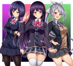 Rule 34 | 3girls, :d, arm up, black jacket, black legwear, black skirt, blazer, blue hair, blush, bow, bowtie, breasts, brown cardigan, brown eyes, cardigan, closed mouth, collared shirt, commentary request, grey skirt, hair bow, hair ornament, hairclip, hand in pocket, head tilt, high ponytail, highres, higuchi kaede, higuchi kaede (1st costume), jacket, kuragari, long hair, long sleeves, looking at viewer, medium breasts, mole, mole under eye, multiple girls, necktie, nijisanji, open clothes, open jacket, open mouth, pantyhose, pink neckwear, plaid, plaid skirt, pleated skirt, ponytail, purple eyes, purple neckwear, shirt, shizuka rin, shizuka rin (1st costume), sidelocks, silver hair, skirt, smile, teeth, thighhighs, tsukino mito, tsukino mito (1st costume), upper teeth only, very long hair, virtual youtuber, white bow, white legwear, white shirt