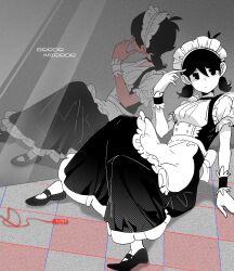 Rule 34 | 1girl, alternate costume, arm support, black eyes, black footwear, black hair, closed mouth, colored skin, enmaided, expressionless, genderswap, genderswap (mtf), highres, looking at viewer, maid, maid headdress, mirror, omori, omori (omori), reflection, short hair, short twintails, sitting, solo, twintails, white skin, zs zealsummer