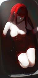 Rule 34 | 1girl, absurdres, bath, bath of blood, bathtub, blood, braid, braided ponytail, breasts, chainsaw man, closed mouth, completely nude, highres, kikiis art, knees up, long hair, looking at viewer, makima (chainsaw man), medium breasts, nude, partially submerged, red eyes, red hair, ringed eyes, solo