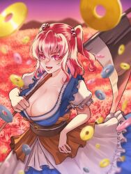 Rule 34 | 1girl, blue dress, blurry, blurry background, breasts, cleavage, coin, commentary request, dress, field, flower, flower field, gradient sky, hair between eyes, holding, holding scythe, large breasts, looking at viewer, obi, oisutalasolosu, onozuka komachi, outdoors, red eyes, red flower, red hair, sash, scythe, short sleeves, sky, solo, spider lily, touhou, two side up