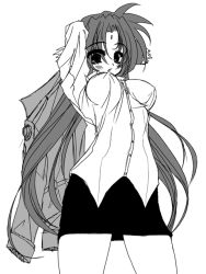 Rule 34 | 00s, 1girl, arf, arms up, blush, breasts, buttons, covered erect nipples, cowboy shot, frapowa, greyscale, large breasts, lineart, long hair, long sleeves, lyrical nanoha, mahou shoujo lyrical nanoha, mahou shoujo lyrical nanoha a&#039;s, monochrome, pencil skirt, shirt, simple background, skirt, solo, very long hair, white background