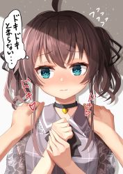 Rule 34 | 1girl, absurdres, ahoge, alternate costume, alternate hairstyle, blue eyes, brown hair, casual, collar, commentary request, hair between eyes, heartbeat, highres, hololive, looking at viewer, medium hair, natsuiro matsuri, natsuiro matsuri (casual), open mouth, portrait, pov, starkamisan, translation request, twintails, virtual youtuber