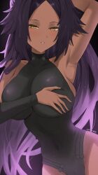 1girl arm_behind_head armpits artist_name bare_shoulders black_background black_leotard bleach bleach:_sennen_kessen-hen breasts dark-skinned_female dark_skin female_focus hands_on_own_breasts highres large_breasts leotard looking_at_viewer ponytail purple_hair qzxdoraa shihouin_yoruichi simple_background yellow_eyes