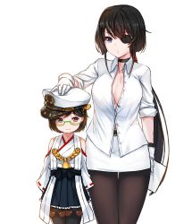 Rule 34 | 10s, 2girls, anti (0324), bad id, bad twitter id, bare shoulders, black eyes, black hair, black legwear, blue eyes, blush, boots, breasts, choker, detached sleeves, eyepatch, female admiral (kancolle), glasses, gloves, hairband, hat, headgear, japanese clothes, kantai collection, kirishima (kancolle), large breasts, long hair, multiple girls, nontraditional miko, pantyhose, paper, peaked cap, ponytail, short hair, simple background, skirt, thigh boots, thighhighs, white background, white gloves, aged down