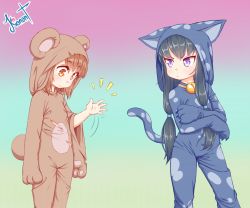 Rule 34 | 2girls, animal ears, artist name, bear ears, bear tail, bell, black hair, blush, brown hair, cat ears, cat tail, claws, closed mouth, collar, crossed arms, fake animal ears, fake tail, female focus, flat chest, gradient background, hair ribbon, hand up, hood, jingle bell, kionant, legs apart, legs together, long hair, long sleeves, looking at another, looking down, motion lines, multiple girls, neck bell, notice lines, onesie, open mouth, orange eyes, original, purple eyes, ribbon, short hair, signature, simple background, standing, tail, torn clothes, tress ribbon, twintails