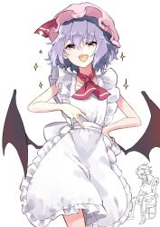 Rule 34 | 1girl, 2girls, alternate costume, apron, ascot, bat wings, cowboy shot, deetamu, fang, frilled apron, frills, hat, highres, izayoi sakuya, looking at viewer, maid, mob cap, multiple girls, naked apron, open mouth, pink headwear, purple hair, red ascot, red eyes, remilia scarlet, sash, short hair, simple background, skin fang, solo focus, sparkle, standing, touhou, white apron, white background, wings