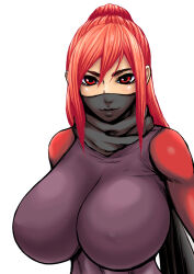 Rule 34 | black scarf, bodysuit, breasts, dark hunter kuro, ears, highres, huge breasts, impossible bodysuit, impossible clothes, long hair, looking at viewer, mask, mouth mask, ninja, ninja mask, original, piero, ponytail, purple bodysuit, red bodysuit, scarf, shiny clothes, shiny skin, sidelocks, simple background, skin tight, taut clothes, upper body, white background, yamigari kuro (piero)