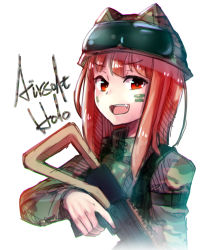 Rule 34 | 1girl, alternate costume, animal ear headwear, black row, fake animal ears, fang, finger on trigger, helmet, holding, holding weapon, holo, looking at viewer, military, military uniform, open mouth, red eyes, red hair, signature, simple background, spice and wolf, uniform, weapon