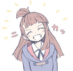 Rule 34 | 1girl, :d, ^^^, ^ ^, blunt bangs, blush, brown hair, closed eyes, commentary request, facing viewer, grin, happy, head tilt, kagari atsuko, little witch academia, long hair, open mouth, orinpachu, robe, simple background, single sidelock, sketch, smile, solo, topknot, upper body, white background