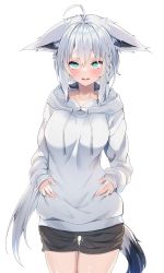 Rule 34 | 1girl, absurdres, ahoge, amato 0321, animal ears, aqua eyes, blush, casual, collarbone, fox ears, fox girl, fox tail, hair between eyes, highres, hololive, hood, hoodie, long hair, looking at viewer, open mouth, shirakami fubuki, side ponytail, simple background, solo, tail, very long hair, virtual youtuber, white background