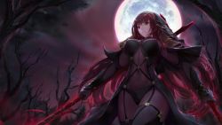 Rule 34 | 1girl, armor, bare tree, bodysuit, breasts, chowbie, commentary request, covered navel, fate/grand order, fate (series), full moon, gae bolg (fate), hair intakes, highres, holding, holding weapon, large breasts, leotard, long hair, moon, night, outdoors, pauldrons, polearm, purple bodysuit, purple hair, purple leotard, red eyes, revision, scathach (fate), shoulder armor, skin tight, solo, spear, tree, wallpaper, weapon