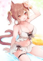 Rule 34 | 1girl, :d, animal ears, arm up, bare arms, bare shoulders, bikini, braid, breasts, brown hair, cat ears, cat girl, cat tail, cleavage, commentary request, commission, eyes visible through hair, fukunoki tokuwa, groin, hair between eyes, hair ornament, hair scrunchie, highres, innertube, large breasts, nail polish, navel, open mouth, original, red eyes, scrunchie, side ponytail, sidelocks, sitting, skeb commission, smile, solo, swim ring, swimsuit, tail, white bikini, wrist scrunchie, yellow nails, yellow scrunchie