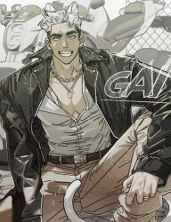 Rule 34 | 1boy, abs, animal ears, bara, cat boy, cat ears, cat tail, chain necklace, dog tags, feet out of frame, grin, highres, jacket, jewelry, knee up, leather, leather jacket, leg up, looking at viewer, male focus, motor vehicle, motorcycle, multicolored hair, muscular, muscular male, na-eun (ejdbvaaqup08jfy), necklace, original, pants, pectoral cleavage, pectorals, short hair, smile, solo, tail, two-tone hair, veins, veiny hands, white hair