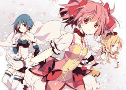 Rule 34 | 10s, 3girls, beret, blonde hair, blue eyes, blue hair, bow, breasts, bubble skirt, cape, choker, corset, detached sleeves, dress, drill hair, gloves, hair ribbon, hat, jonejung, kaname madoka, magical girl, mahou shoujo madoka magica, mahou shoujo madoka magica (anime), medium breasts, miki sayaka, multiple girls, pink eyes, pink hair, pleated skirt, ribbon, short hair, short twintails, skirt, small breasts, thighhighs, tomoe mami, twintails, yellow eyes