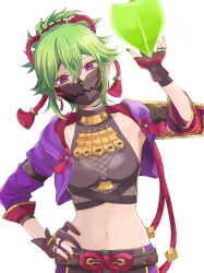 Rule 34 | 1girl, black shirt, commentary request, crop top, cropped jacket, dendro core (genshin impact), genshin impact, green hair, hand on own hip, hand up, highres, holding, jacket, kuki shinobu, long sleeves, looking at viewer, mask, midriff, mouth mask, navel, open clothes, open jacket, purple eyes, purple jacket, s c k, shirt, sleeveless, sleeveless shirt, solo, stomach, upper body