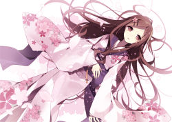 Rule 34 | 1girl, brown eyes, brown hair, cherry blossoms, female focus, floral print, hair ornament, hairpin, hijiri (resetter), japanese clothes, kimono, long hair, long sleeves, original, solo, white background