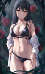 Rule 34 | 1girl, bikini, black bikini, black hair, blush, bracelet, breasts, brown eyes, cleavage, closed mouth, commentary, cowboy shot, flower, hair between eyes, highres, jewelry, large breasts, long hair, long sleeves, looking at viewer, mhru, navel, navel piercing, necklace, off shoulder, open clothes, open shirt, original, piercing, plant, red flower, ring, shirt, solo, standing, stomach, string bikini, swimsuit, wading, water, white shirt