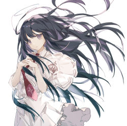 Rule 34 | 1girl, black hair, capelet, character request, closed mouth, collared shirt, commentary, cross, expressionless, hands up, highres, long hair, looking at viewer, mechari, necktie, purple eyes, red necktie, school uniform, shirt, simple background, skirt, solo, subarashiki hibi, upper body, white background, white capelet, white shirt, white skirt