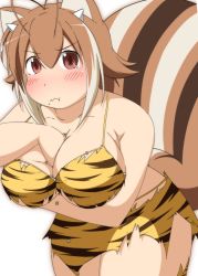 Rule 34 | &gt;:(, 1girl, absurdres, ahoge, animal ears, arm between breasts, beans, between breasts, blazblue, blazblue: chronophantasma, blush, breasts, brown eyes, brown hair, cleavage, curvy, eating, highres, horns, large breasts, looking at viewer, makoto nanaya, mirano, multicolored hair, oni, oni horns, plump, setsubun, short hair, solo, squirrel ears, squirrel tail, tail, tears, thick thighs, thighs, torn clothes, v-shaped eyebrows, white hair