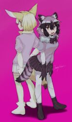 Rule 34 | 2girls, animal ears, back-to-back, bad id, bad twitter id, black gloves, black hair, black skirt, blonde hair, bow, bowtie, commentary request, common raccoon (kemono friends), extra ears, fennec (kemono friends), fox ears, fox tail, full body, fur collar, gloves, grey hair, grey shirt, hands on own legs, highres, inactive account, jmeysan, kemono friends, looking at viewer, looking back, multicolored hair, multiple girls, open mouth, pink background, pleated skirt, raccoon ears, raccoon girl, raccoon tail, shirt, shoes, short hair, short sleeves, simple background, skirt, smile, standing, stitched arm, stitched leg, stitches, striped tail, tail, twitter username, white hair, white skirt