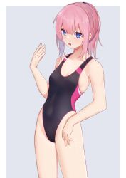 Rule 34 | 1girl, absurdres, black one-piece swimsuit, blue eyes, breasts, cleavage, competition swimsuit, feet out of frame, girls&#039; frontline, grey background, highleg, highleg swimsuit, highres, kotoha (kotoha65), medium hair, one-piece swimsuit, pink hair, ponytail, simple background, small breasts, solo, st ar-15 (girls&#039; frontline), swimsuit