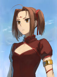 Rule 34 | 1girl, ahoge, armlet, b suke, brown dress, brown eyes, brown hair, china dress, chinese clothes, cleavage cutout, closed mouth, clothing cutout, dress, expressionless, facial mark, fate/grand order, fate (series), flat chest, forehead mark, hair ornament, hair scrunchie, highres, looking ahead, nezha (fate), red scrunchie, scrunchie, short hair, sidelocks, sky, solo, twintails, upper body