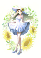 Rule 34 | 1girl, :d, absurdres, ankle ribbon, bare arms, breasts, brown hair, cleavage, collarbone, dress, floating hair, flower, full body, grin, hat, hat flower, highres, kapo, leg ribbon, long hair, looking at viewer, medium breasts, mole, mole under mouth, nail polish, open mouth, orange nails, original, pleated dress, ribbon, sketch, skirt hold, sleeveless, sleeveless dress, smile, solo, standing, sun hat, sundress, sunflower, tears, very long hair, white background, white dress, white hat, yellow eyes, yellow flower