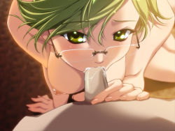 Rule 34 | 1girl, :&gt;=, breasts, cum, cum in mouth, fellatio, game cg, glasses, green eyes, green hair, hetero, ino (magloid), izayoi no hanayome, looking at viewer, looking up, medium breasts, nipples, oral, penis, pov, saegusa mikoto, solo focus, swallowing, topless, tsurime, uncensored