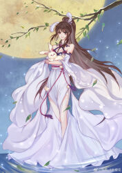 Rule 34 | 1girl, absurdres, animal, bare legs, bare shoulders, branch, brown hair, detached sleeves, doudou 3 sui yinghua, douluo dalu, dress, earrings, falling leaves, full body, highres, holding, holding animal, jewelry, leaf, long hair, long sleeves, moon, open mouth, ponytail, rabbit, ripples, smile, water, white dress, xiao wu (douluo dalu)