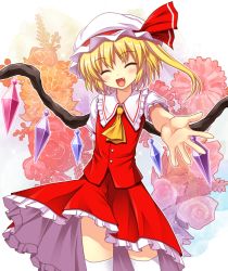 Rule 34 | 1girl, ^ ^, ascot, beckoning, blonde hair, closed eyes, closed eyes, fang, female focus, flandre scarlet, flower, hat, outstretched arm, outstretched hand, ponytail, short hair, side ponytail, smile, solo, thighhighs, touhou, wings, yamasan