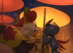 Rule 34 | &gt; &lt;, animal ear fluff, blurry, braixen, closed eyes, commentary request, creatures (company), from below, furry, game freak, gen 2 pokemon, gen 3 pokemon, gen 6 pokemon, glowing, hand up, highres, holding, holding umbrella, inkune, mawile, night, nintendo, open mouth, outdoors, pokemon, pokemon (creature), rain, smile, sneasel, umbrella