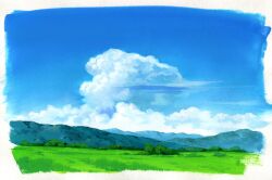 Rule 34 | blue sky, border, cloud, cumulonimbus cloud, day, grass, highres, original, outdoors, painting (medium), sawitou mizuki, scenery, sky, traditional media, white border