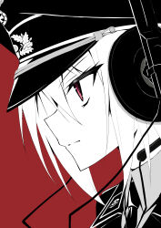 Rule 34 | 1girl, absurdres, close-up, expressionless, hat, headphones, highres, jiseki rena, limited palette, military uniform, nazi, original, peaked cap, profile, red background, red eyes, reichsadler, rena (jiseki rena), short hair, simple background, solo, throat microphone, totenkopf, upper body