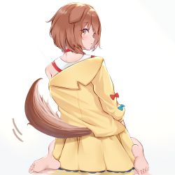 Rule 34 | 1girl, absurdres, animal ears, bare legs, barefoot, blush, braid, brown eyes, brown hair, choker, commentary, dog ears, dog girl, dog tail, dress, from behind, full body, highres, hololive, inugami korone, inugami korone (1st costume), jacket, looking at viewer, looking back, medium hair, motion lines, off shoulder, parted lips, red choker, side braids, simple background, sitting, solaaki, soles, solo, tail, tail wagging, twin braids, virtual youtuber, wariza, white background, white dress, yellow jacket