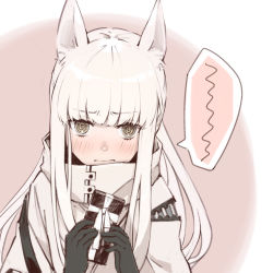 Rule 34 | 1girl, @ @, animal ear fluff, animal ears, arknights, black gloves, gift, gloves, highres, holding, horse ears, horse girl, jacket, looking at viewer, miike (992058), platinum (arknights), solo, speech bubble, valentine, white hair, white jacket