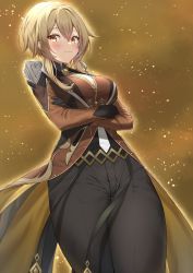Rule 34 | 1girl, arm under breasts, black gloves, black pants, black shirt, blonde hair, breast hold, breasts, brown coat, chumugi, closed mouth, coat, collared shirt, commentary request, cosplay, cowboy shot, crossed arms, earrings, genshin impact, gloves, hair between eyes, highres, jewelry, large breasts, light smile, long coat, long sleeves, looking at viewer, lumine (genshin impact), necktie, pants, shirt, short hair with long locks, sidelocks, solo, tassel, tassel earrings, thigh gap, thighs, vision (genshin impact), white necktie, yellow eyes, zhongli (genshin impact), zhongli (genshin impact) (cosplay)