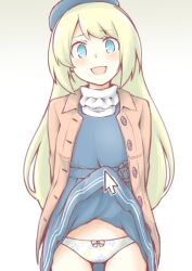 Rule 34 | 1girl, akara kai, beret, blonde hair, blue eyes, blue hat, brown coat, clothes lift, coat, commission, cowboy shot, cursor, dress, dress lift, fourth wall, hat, highres, jervis (kancolle), kantai collection, long hair, official alternate costume, panties, second-party source, solo, underwear, white panties