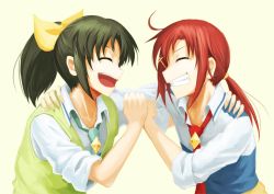 Rule 34 | 10s, 2girls, :d, ^ ^, ahoge, arm around shoulder, bow, closed eyes, fist bump, green hair, green sweater vest, grin, hair bow, hair ornament, hairclip, hetza (hellshock), hino akane (smile precure!), midorikawa nao, multiple girls, necktie, open mouth, ponytail, precure, red hair, simple background, sleeves rolled up, smile, smile precure!, sweater vest