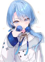 Rule 34 | 1girl, absurdres, blue-tinted eyewear, blue eyes, blue hair, coat, commentary request, grin, hand up, highres, holding, holding removed eyewear, hololive, hoshimachi suisei, hoshimachi suisei (8th costume), hoshimachi suisei (oriental suit), long hair, long sleeves, looking at viewer, nishiki yuno, round eyewear, simple background, smile, solo, star (symbol), star in eye, symbol in eye, tinted eyewear, translation request, unworn eyewear, upper body, virtual youtuber, white background, white coat